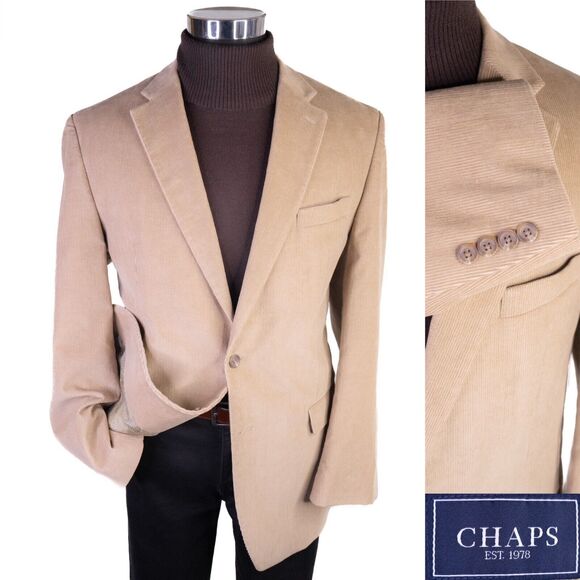 Chaps Mens Two Button Blazer Corduroy Sport Coat Jacket Cotton Beige Size 42L - Picture 1 of 13